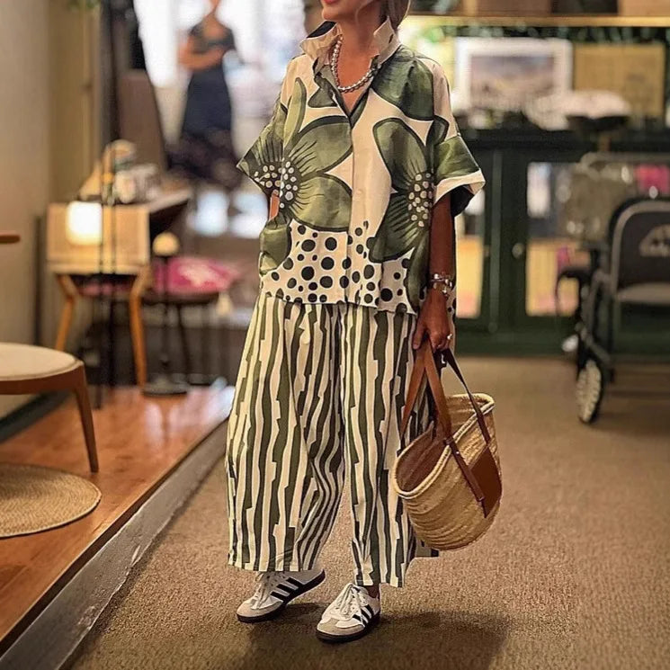 Vionelle™ Floral Shirt Set With Striped Relaxed-Fit Pants
