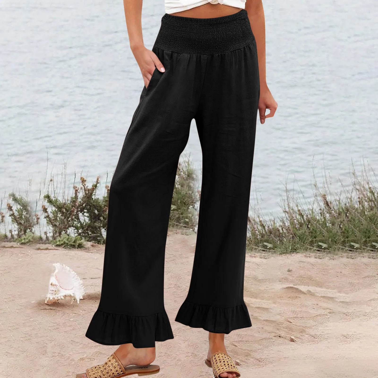 Pants Selene™ with Smocked High Waist, Linen Blend and Ruffle Hem