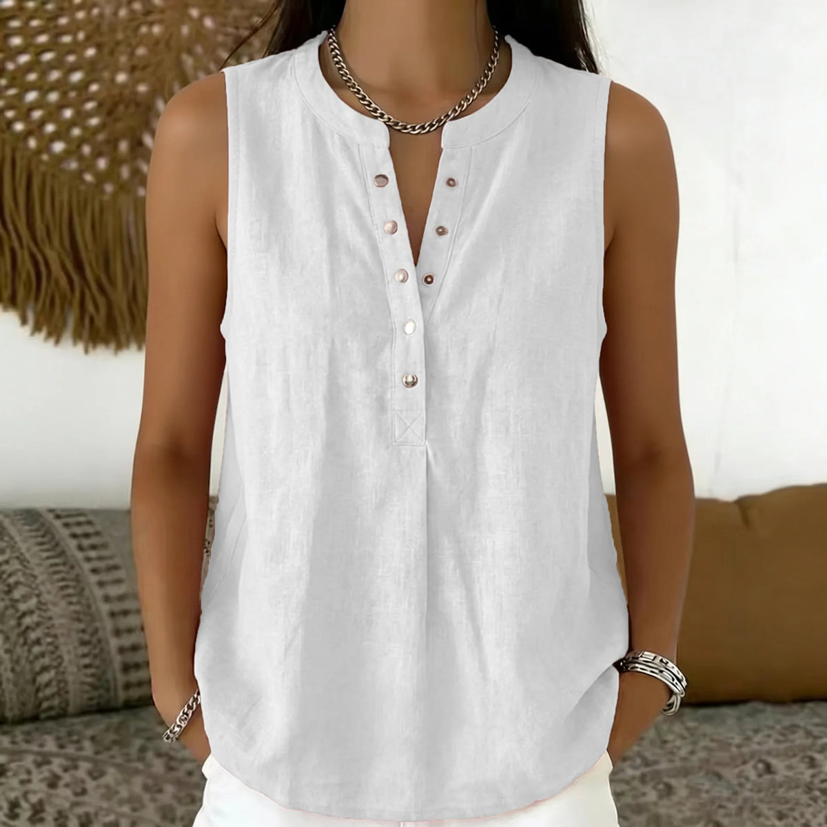 Blouse Emily™ Cotton-Linen with Round Neckline, Button-Front Detail and Sleeveless Cut