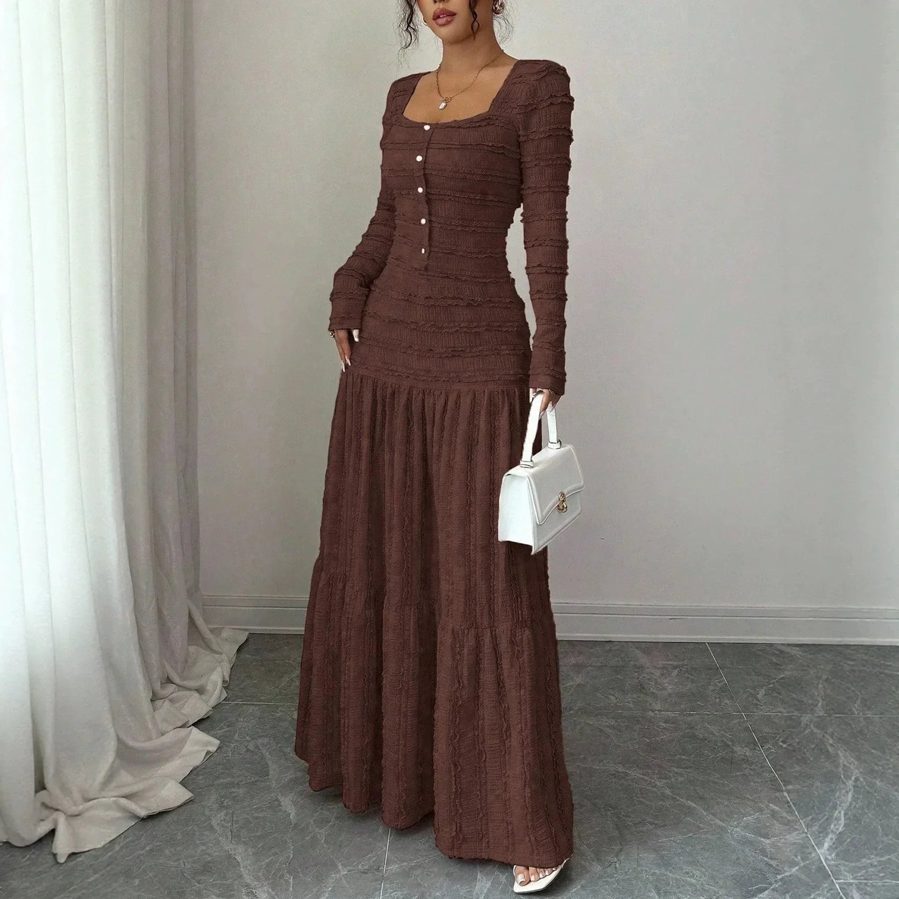 Ursula™ Long Dress in Pleated Knit with Front Button Closure