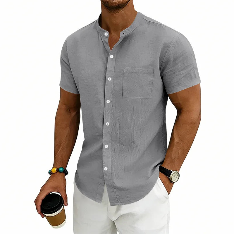 Montese™ Linen Cotton Shirt With Mandarin Collar