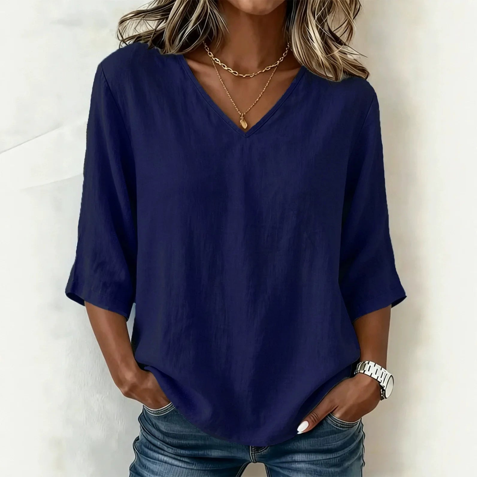 Blouse Abigail™ Cotton Linen with V-Neck and Three-Quarter Sleeves