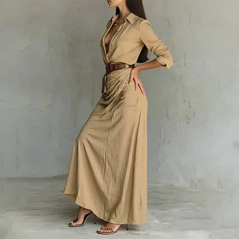 Marenza™ Dress with Shirt Collar, Matching Belt and Maxi Silhouette