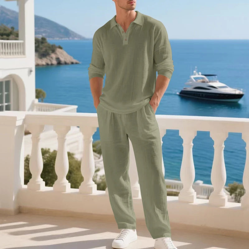 Set Sorren™ in Cotton Linen, Long-Sleeve Polo Top and Straight-Leg Pants