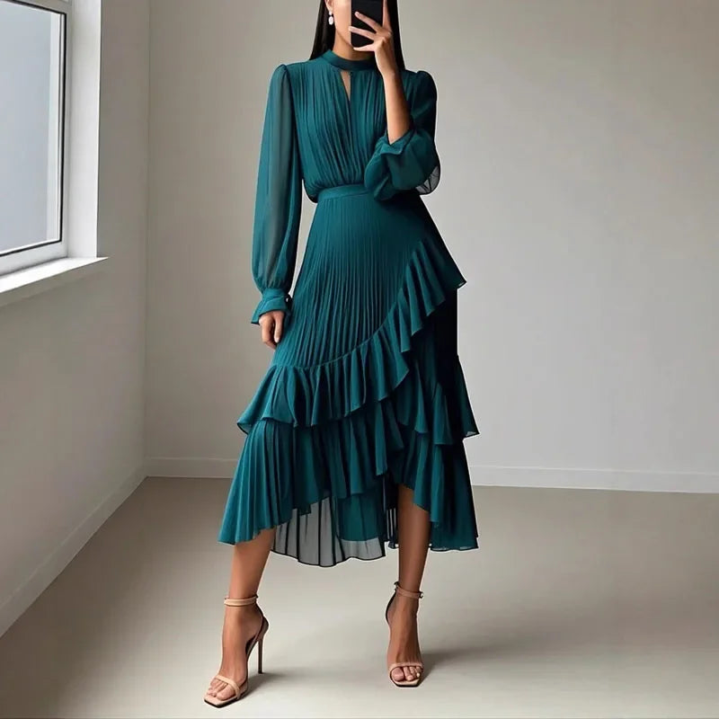 Lioren™ Dress with Sophisticated Pleats and Asymmetrical Ruffles