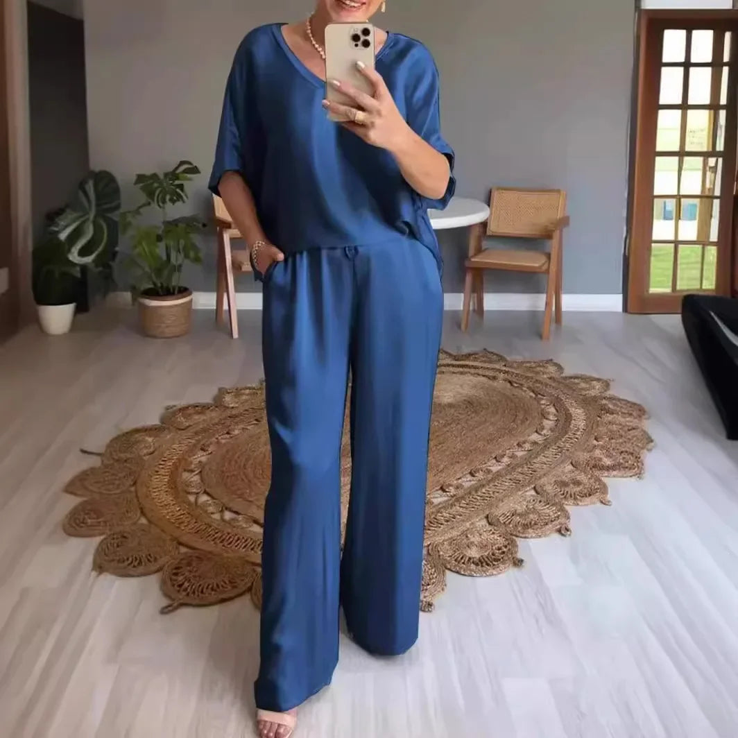 Marevielle™ Satin Set With Relaxed Blouse and Flowing Wide-Leg Pants