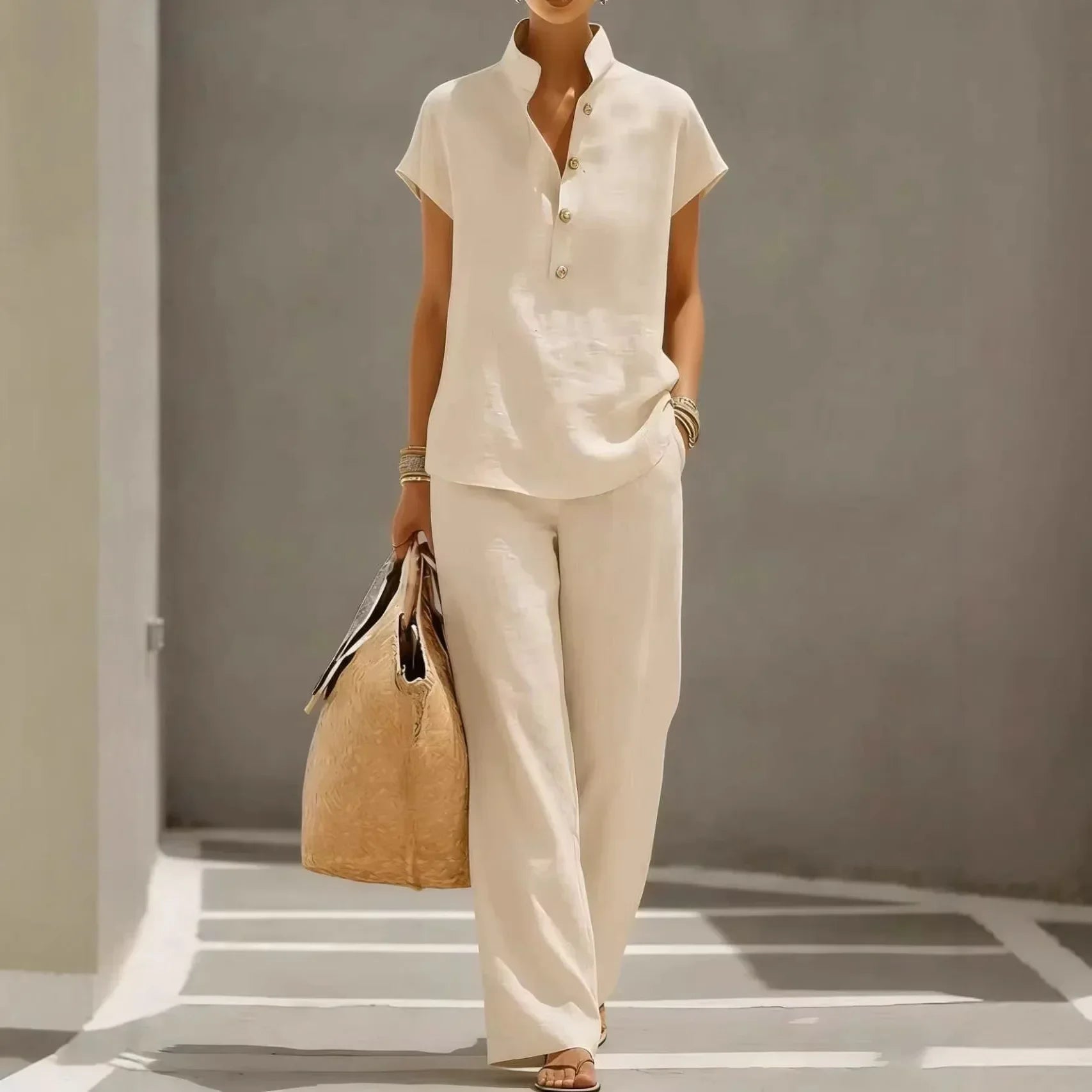 Marelisse™ Cotton Linen Set With Relaxed Blouse and Flowing Wide-Leg Pants