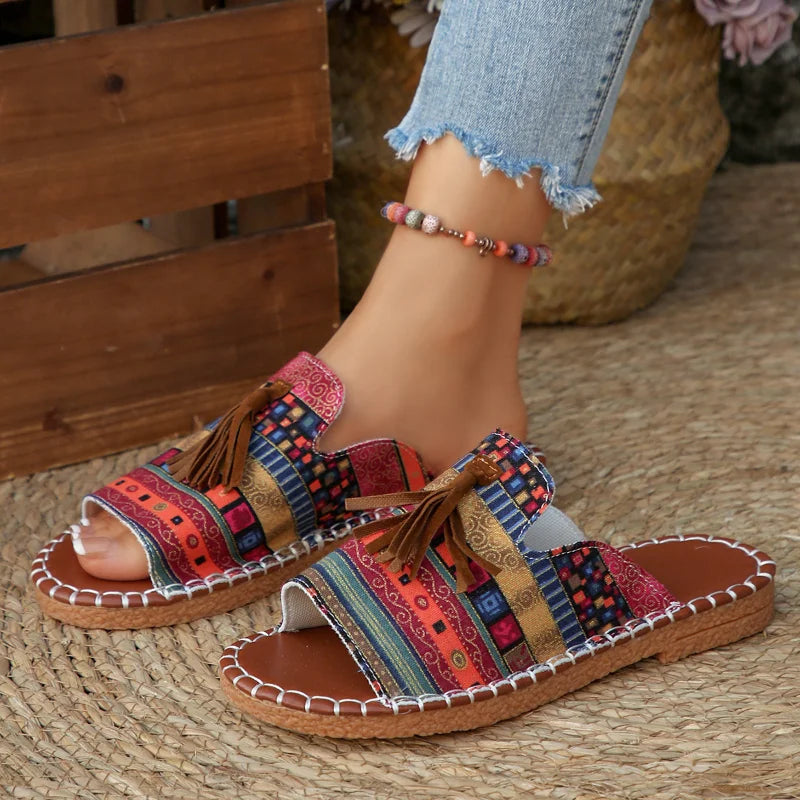Marivelle™ Sandal With Ethnic Print And Decorative Tassels