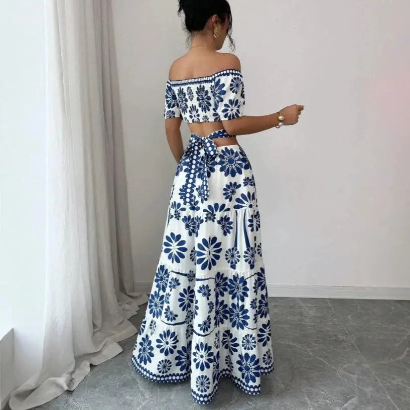 Amalina™ Off-Shoulder Dress With Waist Cutout And Elegant Print