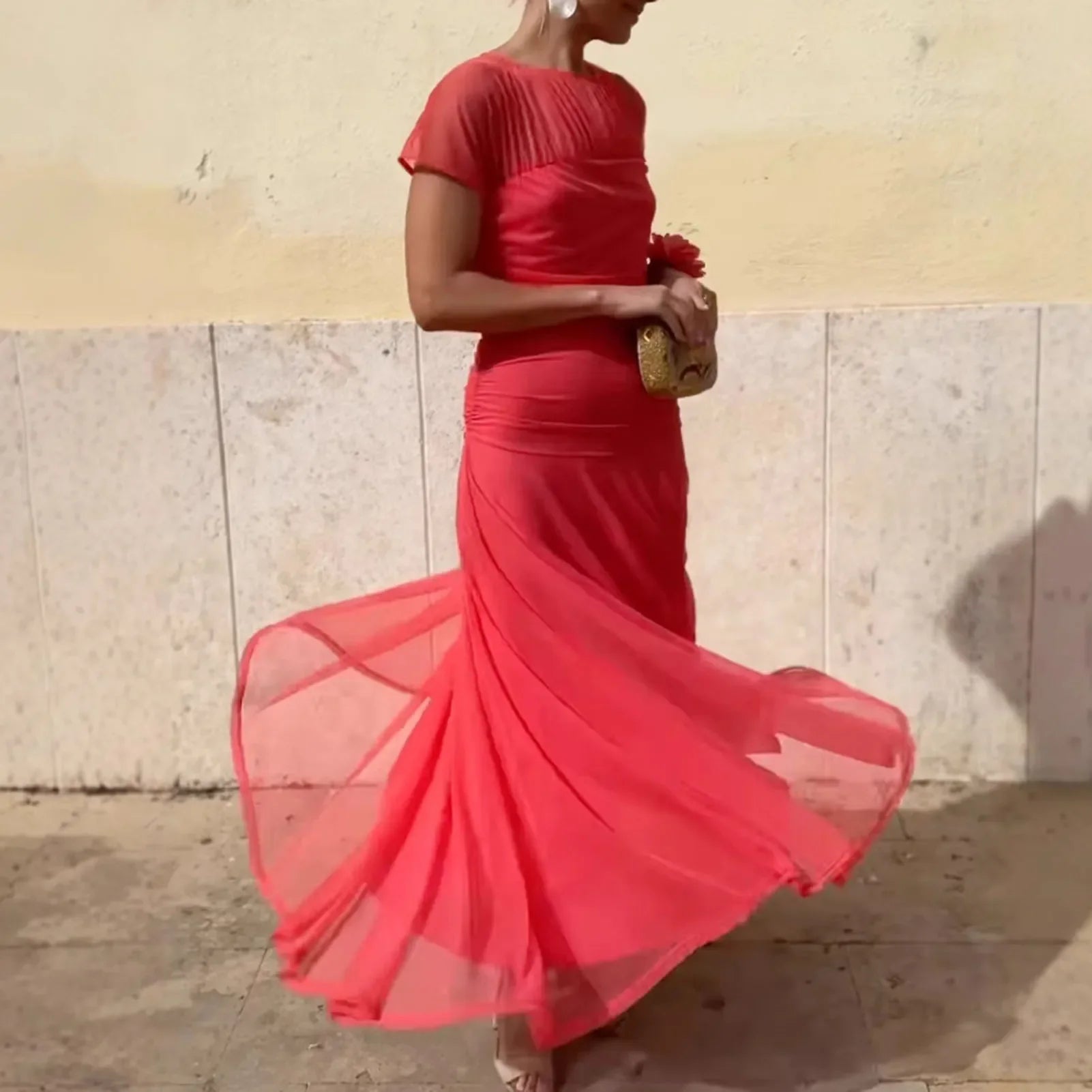Athens™ Maxi Dress with Sheer Short Sleeves and Tiered Skirt