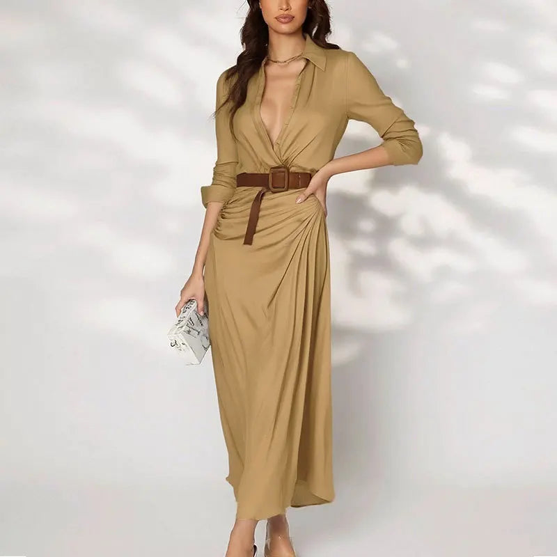 Marenza™ Dress with Shirt Collar, Matching Belt and Maxi Silhouette