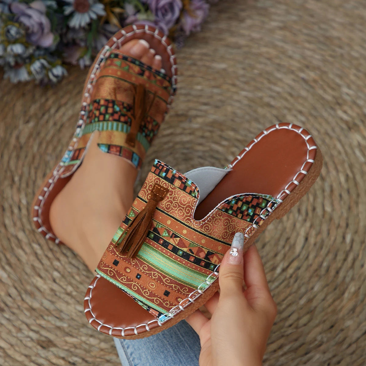 Marivelle™ Sandal With Ethnic Print And Decorative Tassels