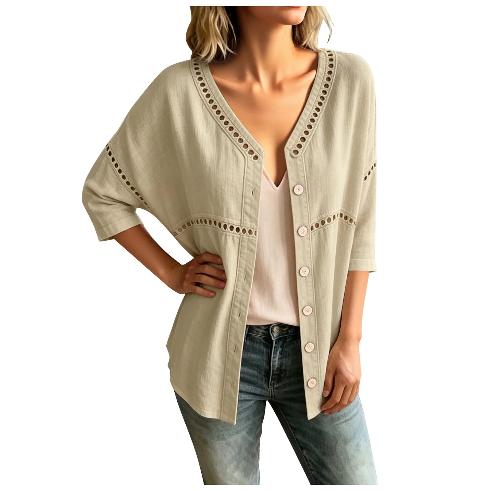 Cardigan Marelia™ Cotton-Linen, Openwork Trim and V-Neck