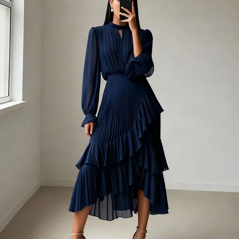 Lioren™ Dress with Sophisticated Pleats and Asymmetrical Ruffles