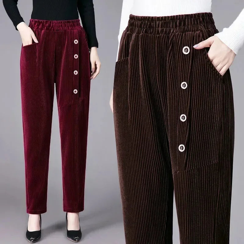 Cordelle™ Velvet Lined Pants with Decorative Buttons / Coziness and Style on Cold Days!