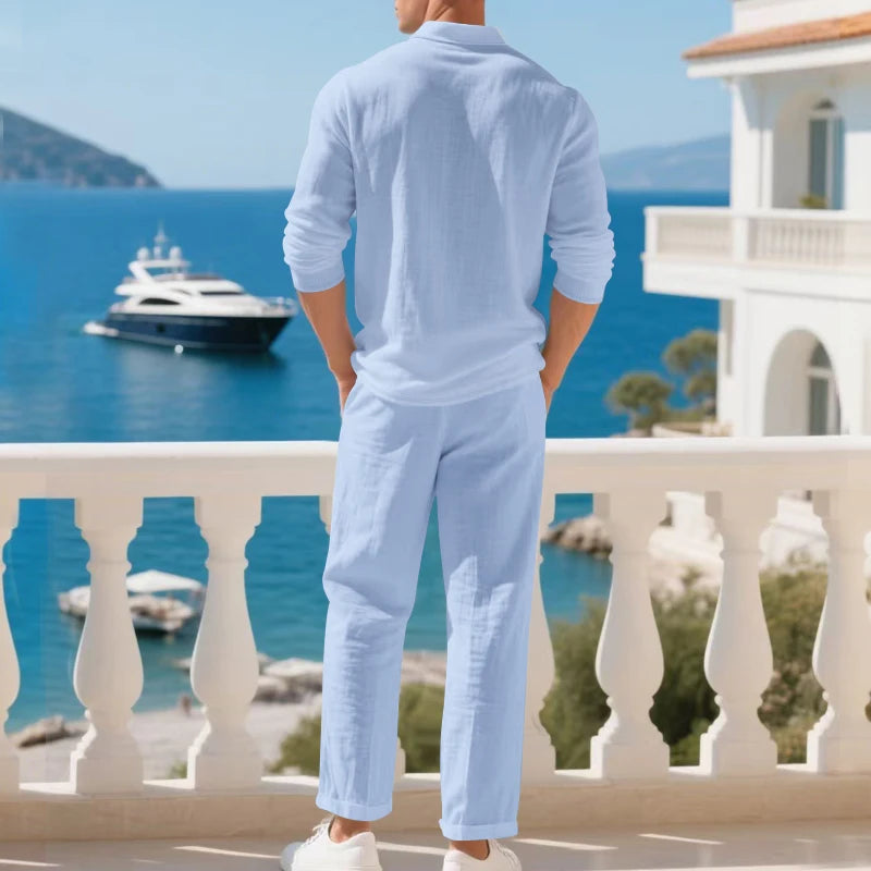 Set Sorren™ in Cotton Linen, Long-Sleeve Polo Top and Straight-Leg Pants