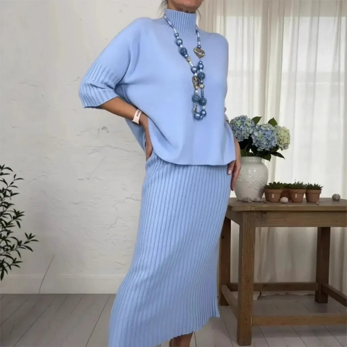 Marselha™ Set with Turtleneck Top and Ribbed Midi Skirt