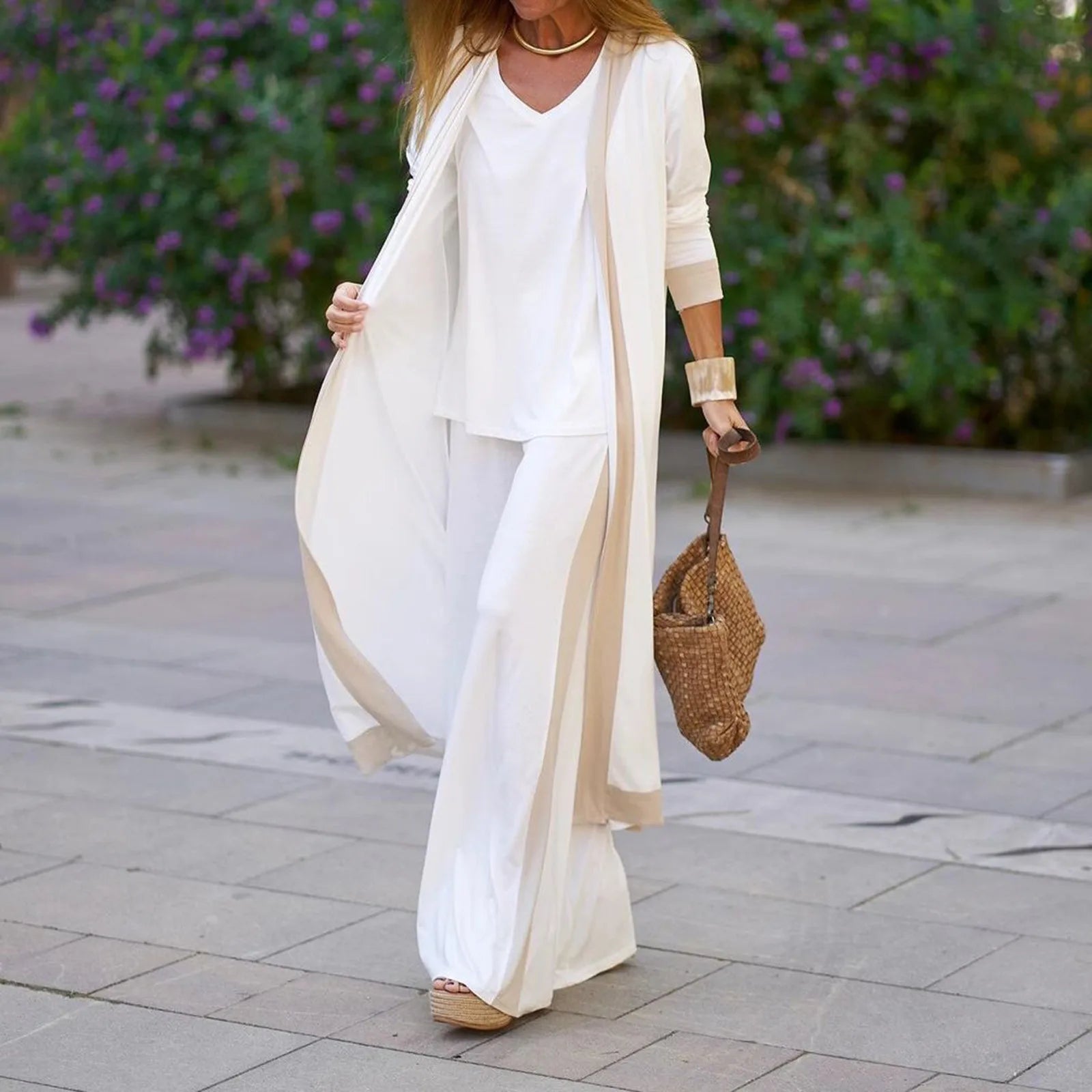 Seravelle™ Three-Piece Set with Long Cardigan, V-Neck Top and Wide-Leg Pants