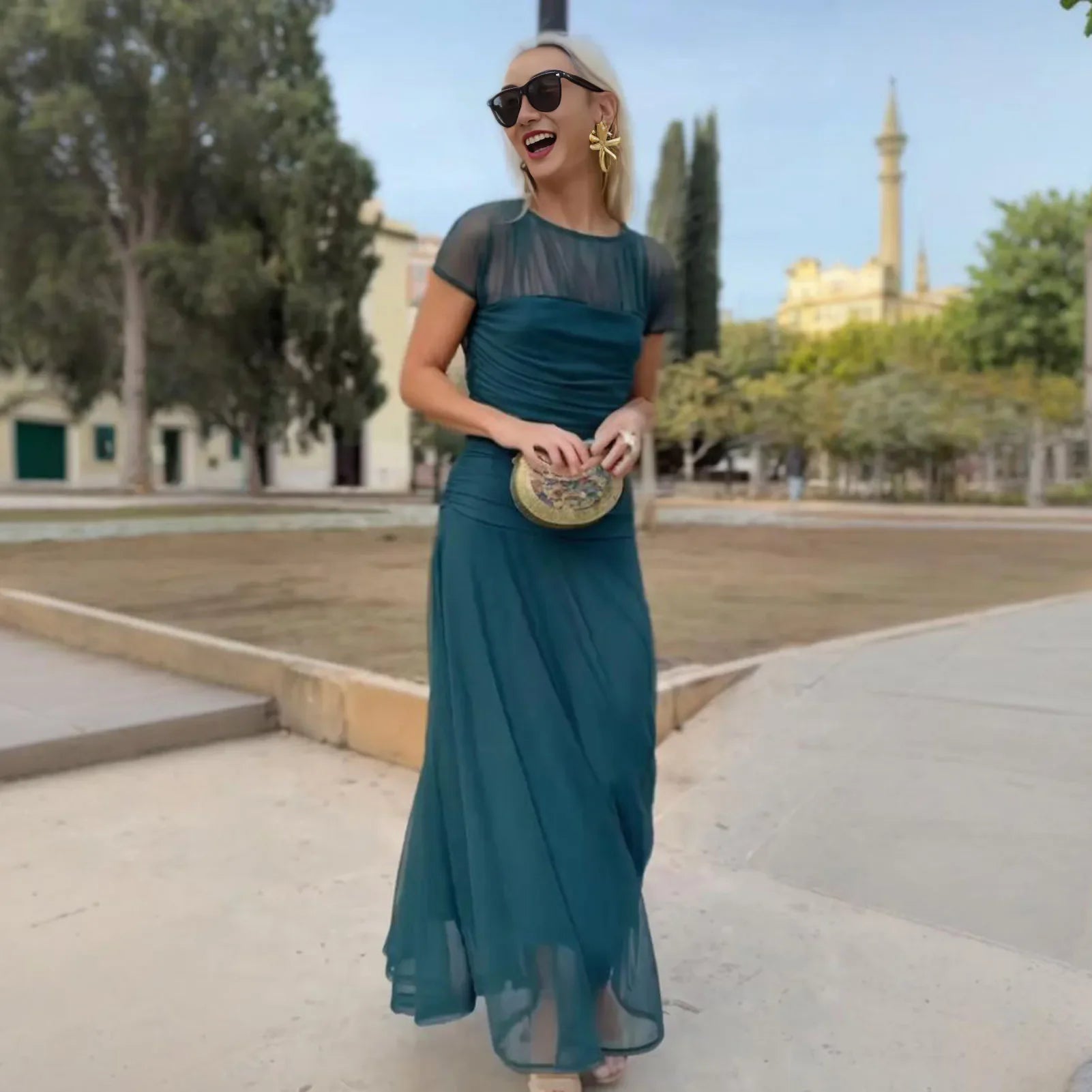 Athens™ Maxi Dress with Sheer Short Sleeves and Tiered Skirt
