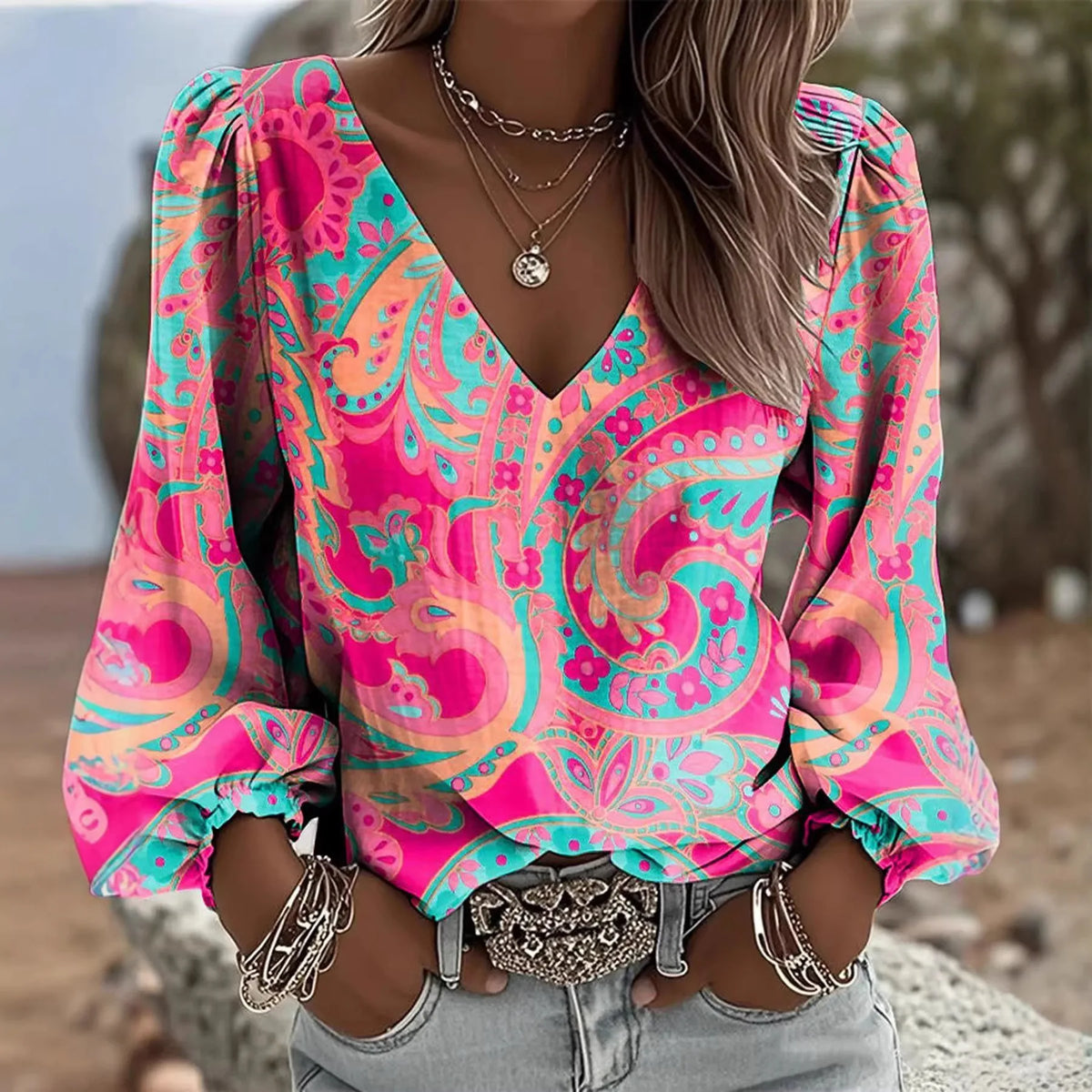 Arielle™ Blouse with V-Neck, Long Sleeves and Gathered Cuffs