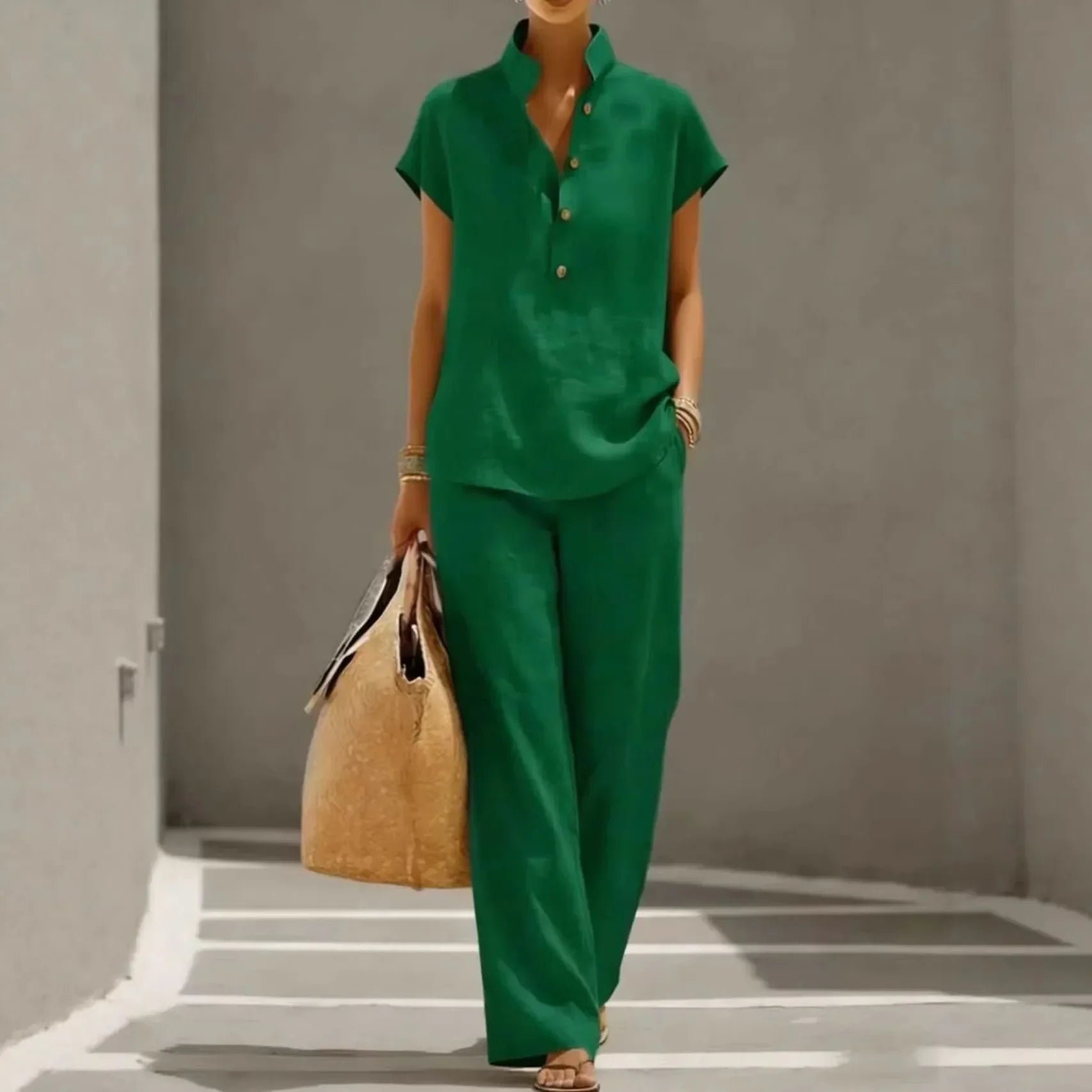 Marelisse™ Cotton Linen Set With Relaxed Blouse and Flowing Wide-Leg Pants