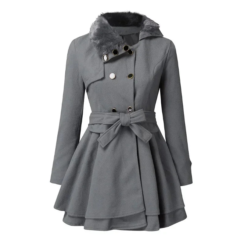 Bellavienne™ Coat With Faux Fur Collar and Tailored Waist Fit