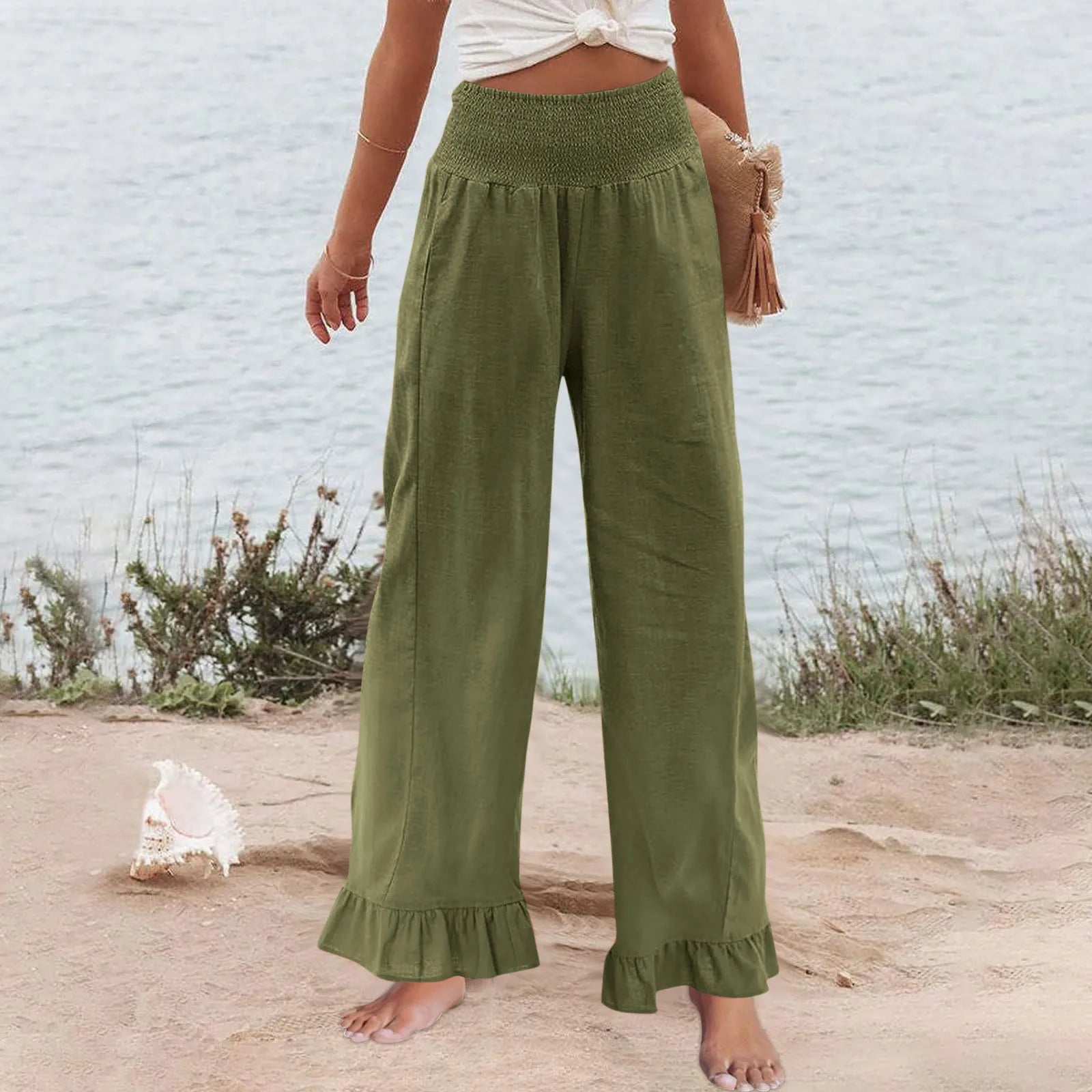 Pants Selene™ with Smocked High Waist, Linen Blend and Ruffle Hem