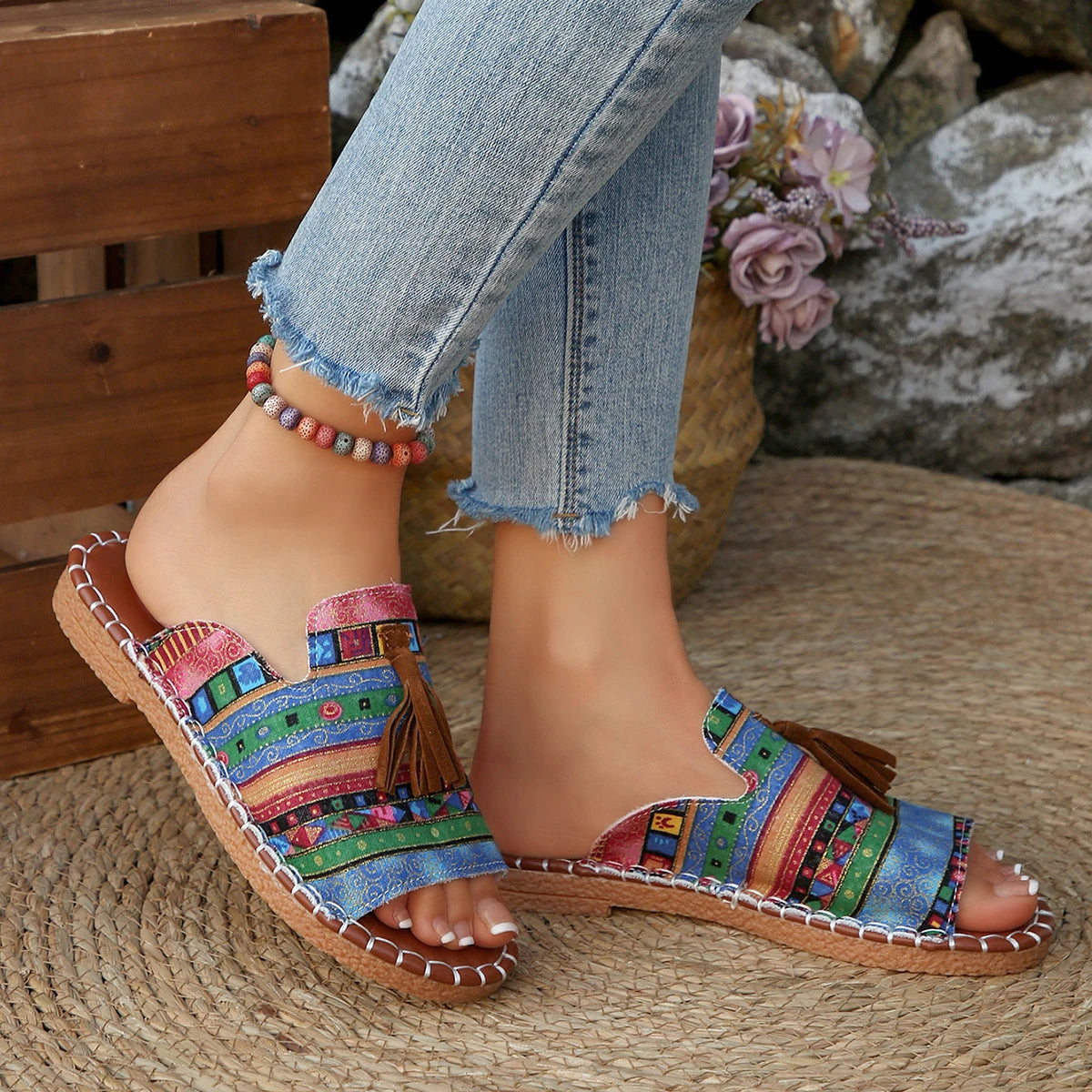 Marivelle™ Sandal With Ethnic Print And Decorative Tassels