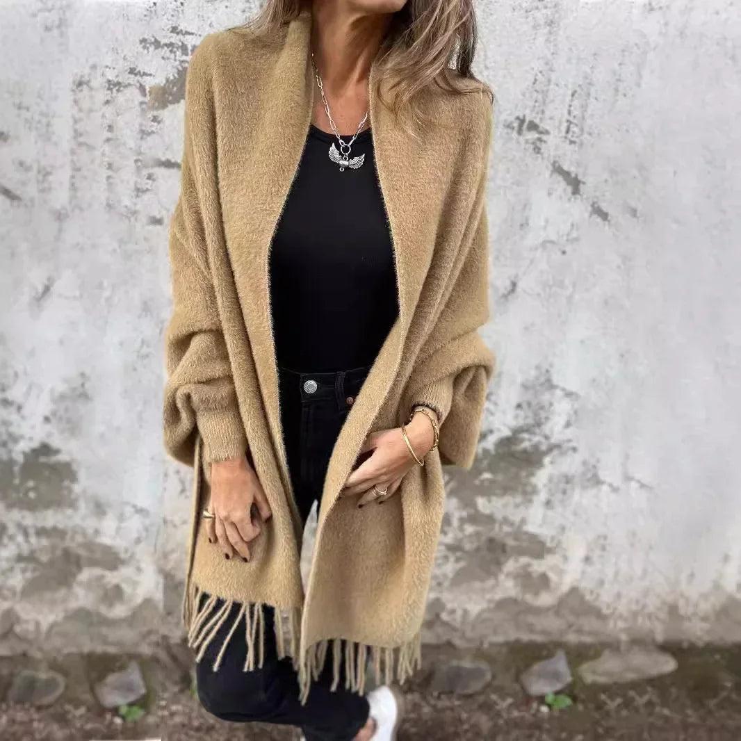 Valmonté™ Blanket Coat in Cozy Knit with Fringes and Handcrafted Finish / Winter Softness Meets French Elegance!