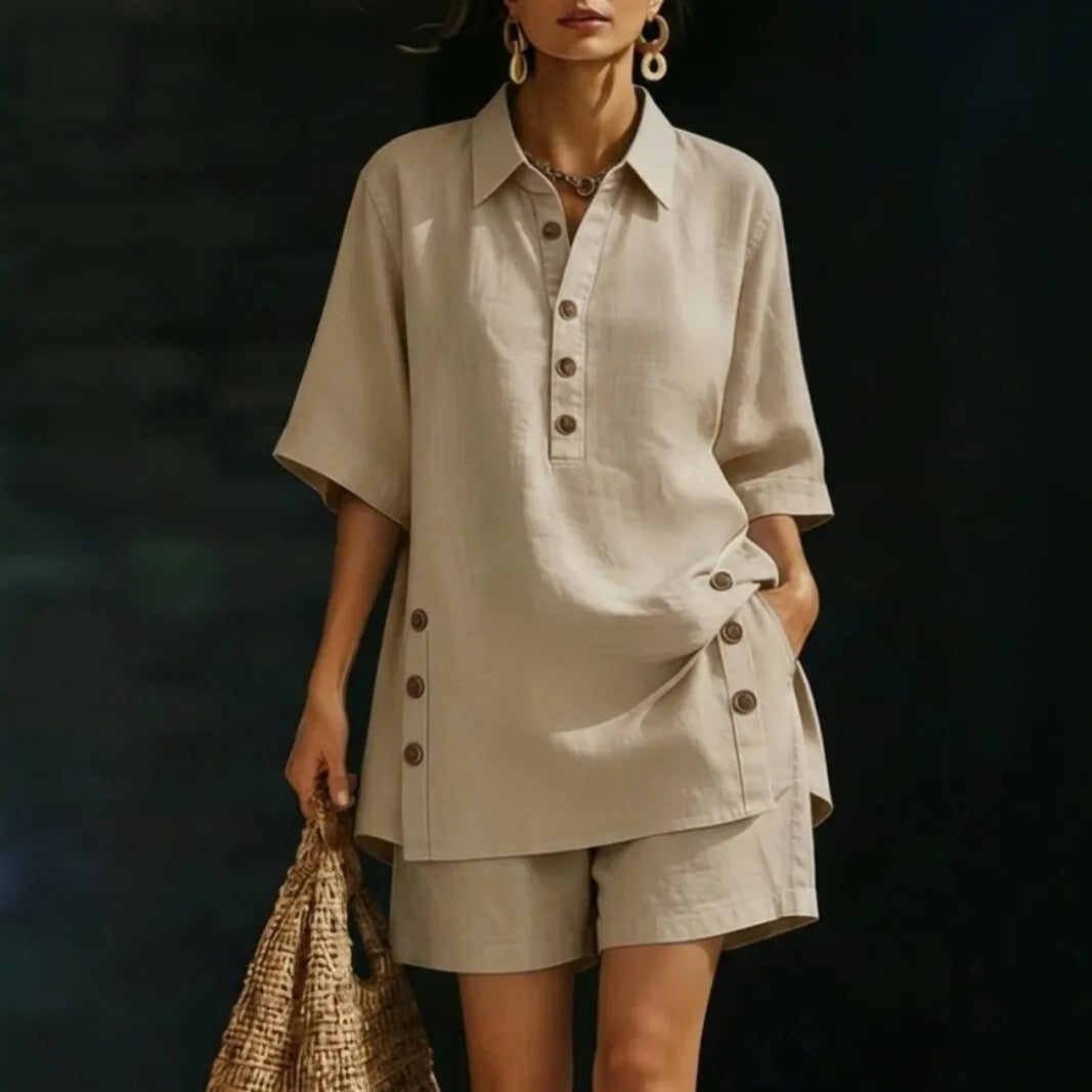 Velena™ Cotton-Linen Set With a Shirt Collar and Side Button Details