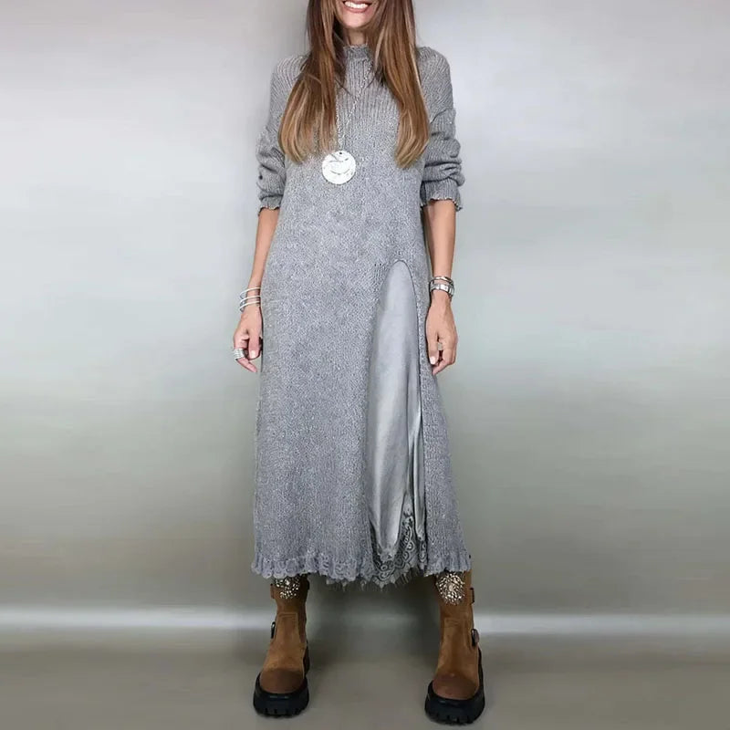 Valérie™ Set with Charming Satin Dress and Long Handcrafted Knit Sweater