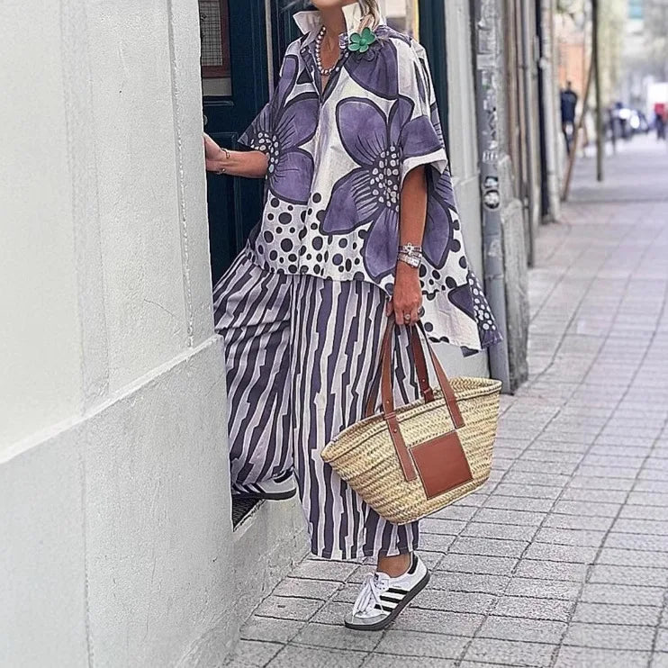 Vionelle™ Floral Shirt Set With Striped Relaxed-Fit Pants