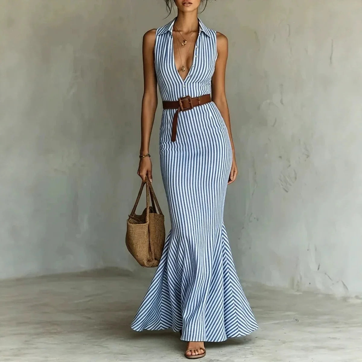Seravina™ Striped Maxi Dress with a Complimentary Belt