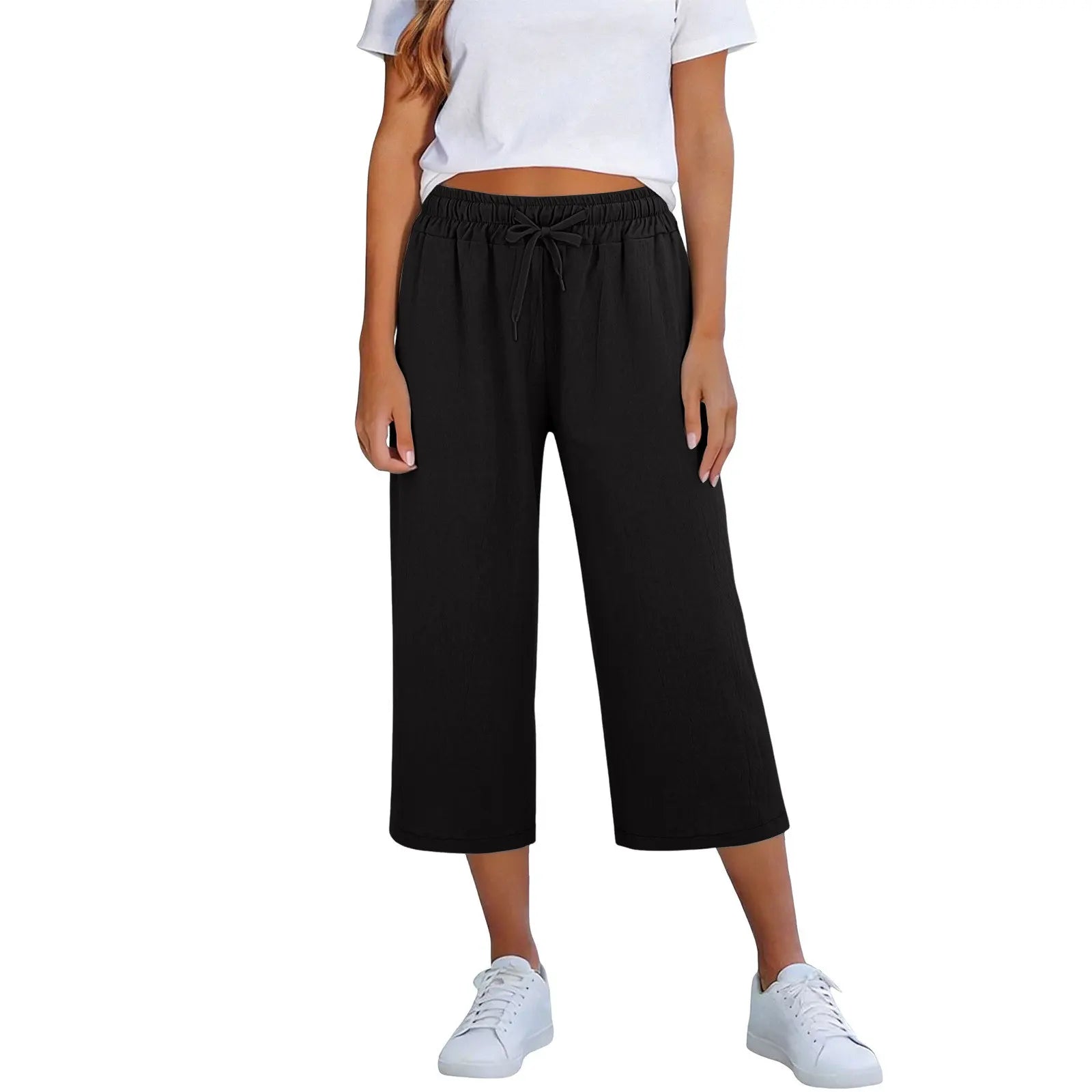 Lisia™ Cotton Linen Cropped Wide-Leg Pants With Elastic Waist And Adjustable Drawstring