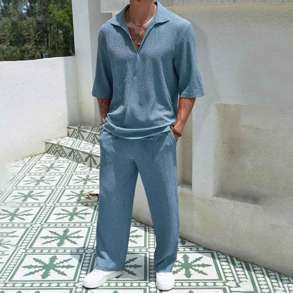 Helsinki™ Textured Viscose Set with Polo Collar and Old Money Aesthetic