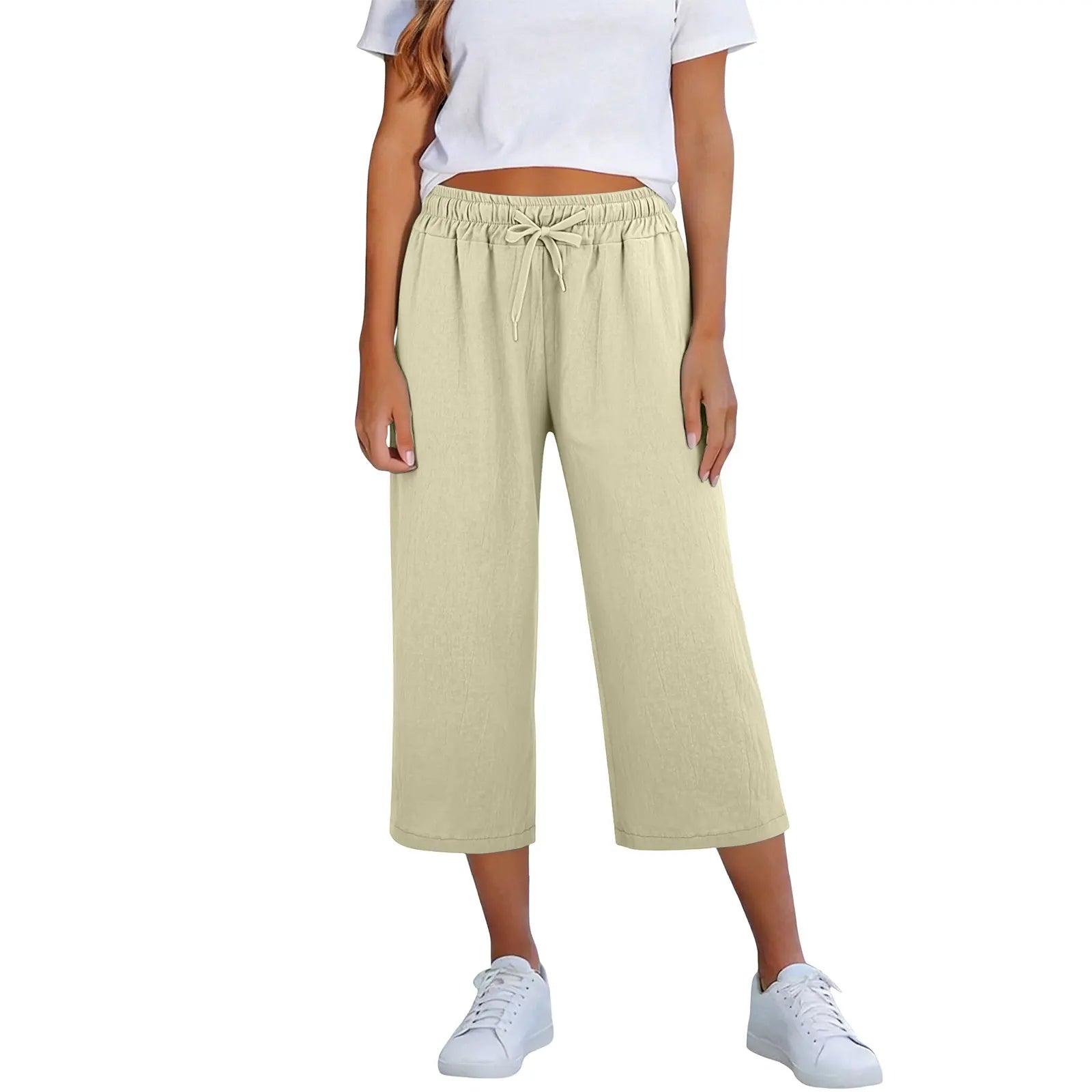 Lisia™ Cotton Linen Cropped Wide-Leg Pants With Elastic Waist And Adjustable Drawstring