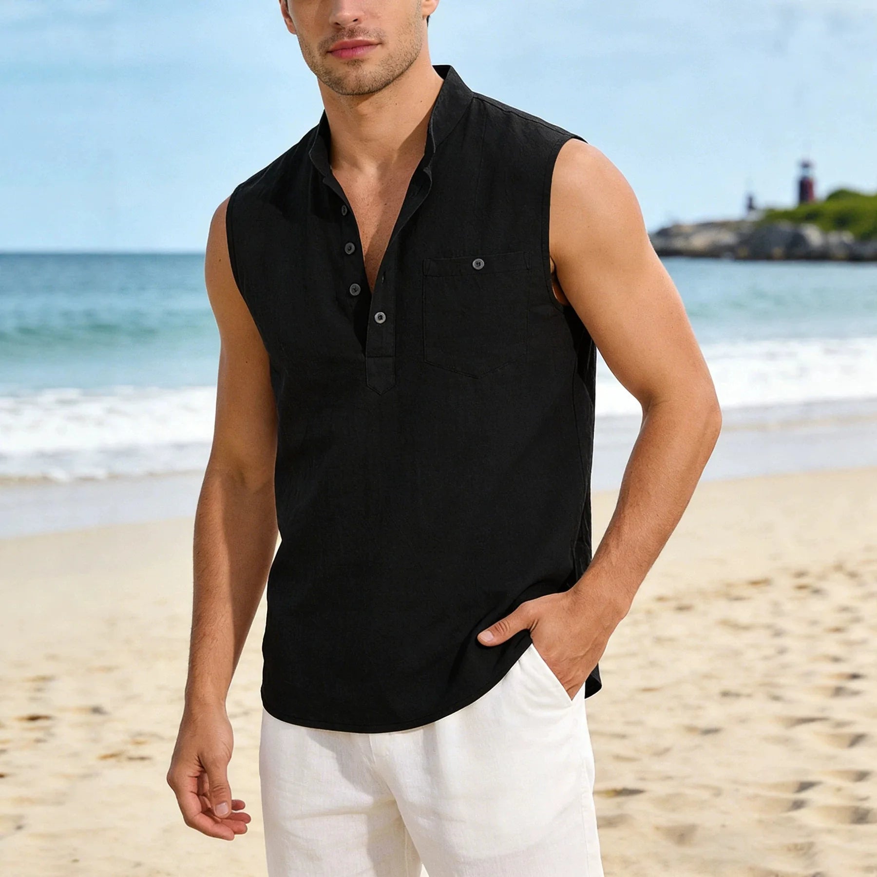 Sebastien™ Cotton Linen Tank Top with a Mandarin Collar