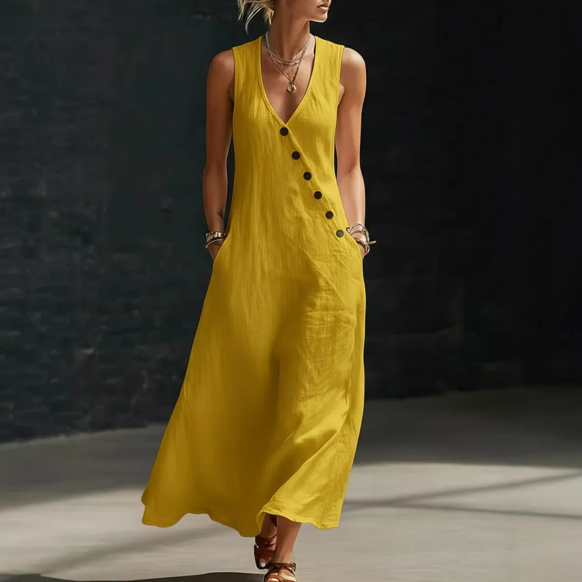 Antonella™ Midi Dress with Elegant Buttons and a V-Neckline