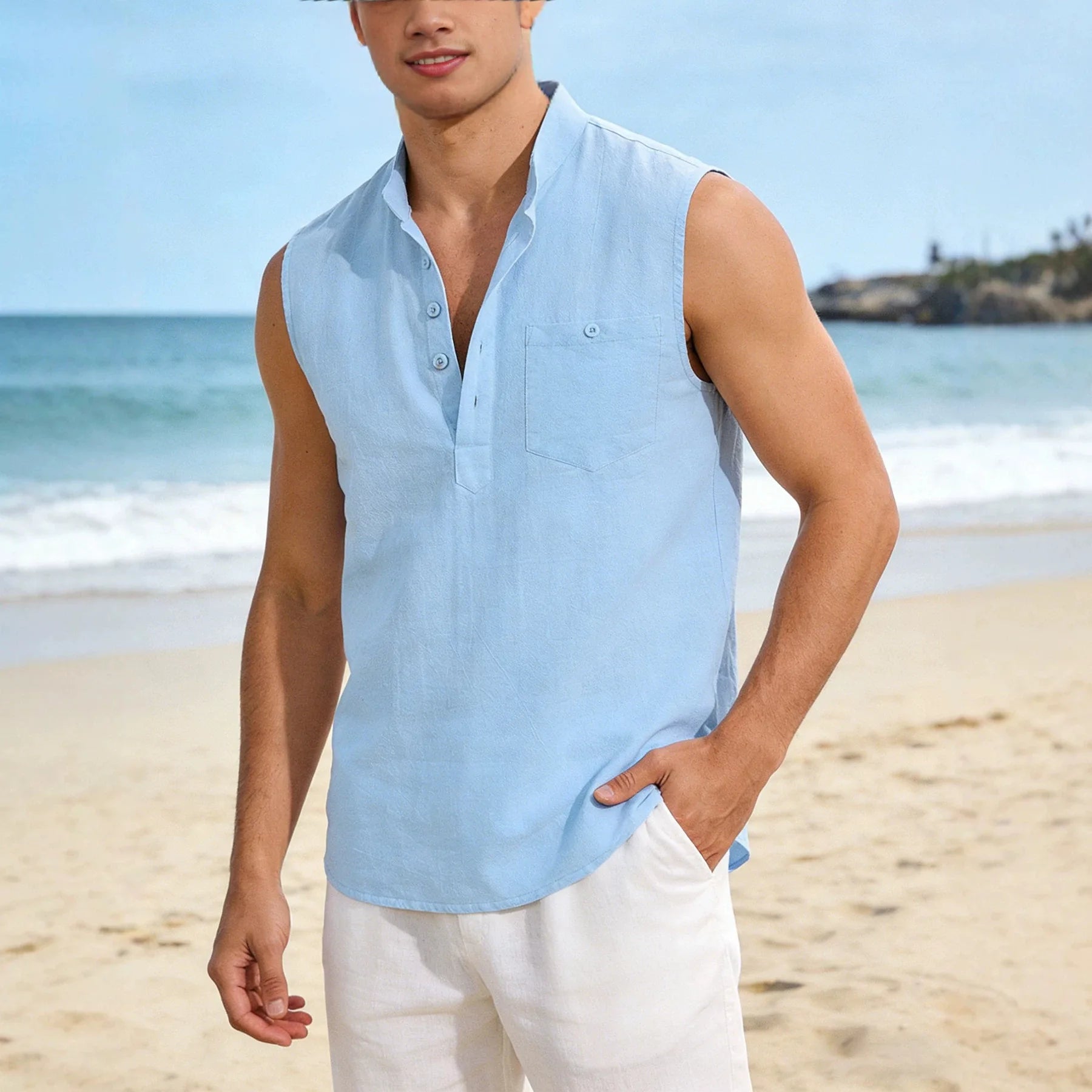Sebastien™ Cotton Linen Tank Top with a Mandarin Collar