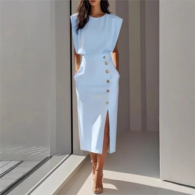 Maelle™ Midi Dress With Structured Shoulders, Side Buttons And Front Slit