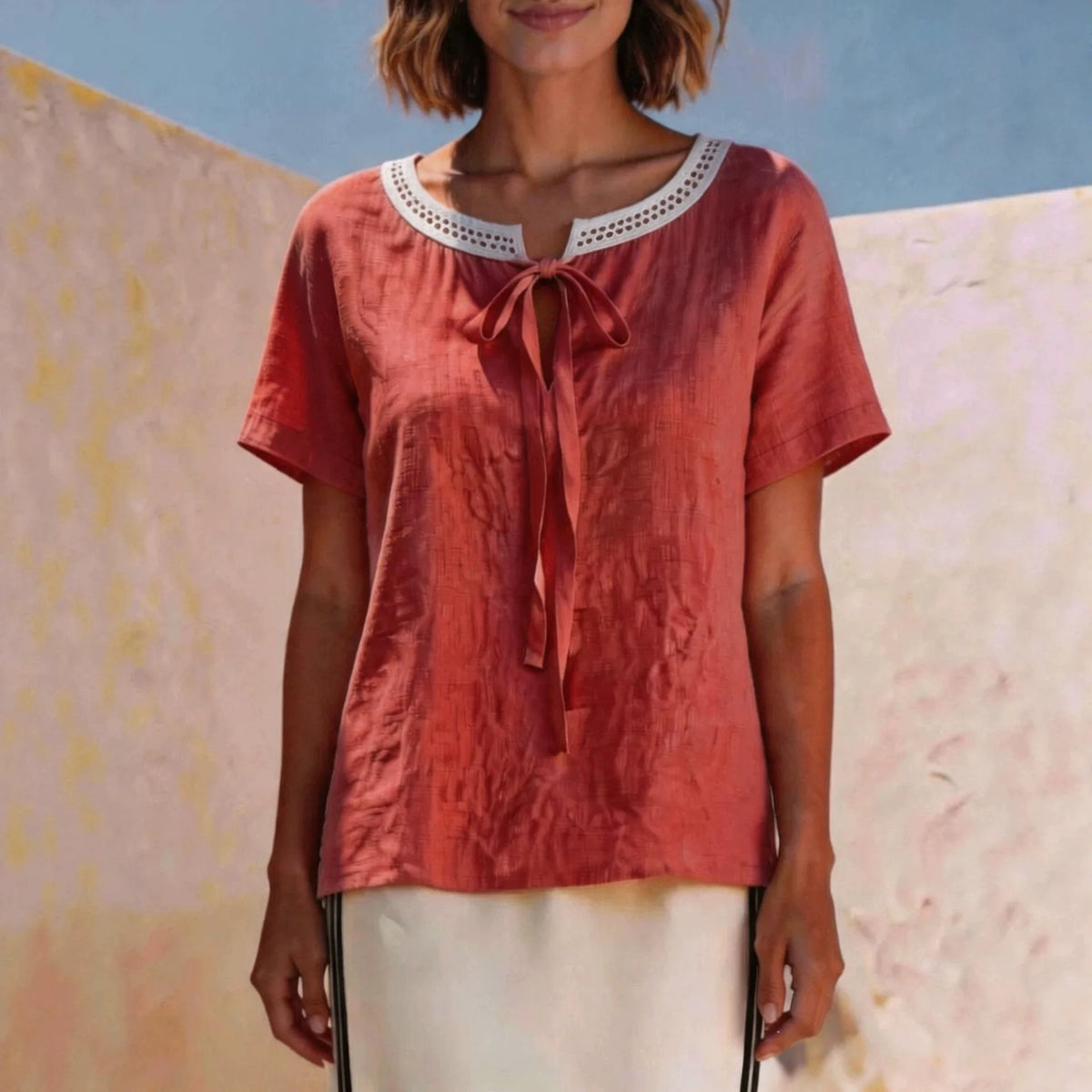 Valisse™ Blouse with Delicate Bow and Handcrafted Eyelet Lace at the Neckline