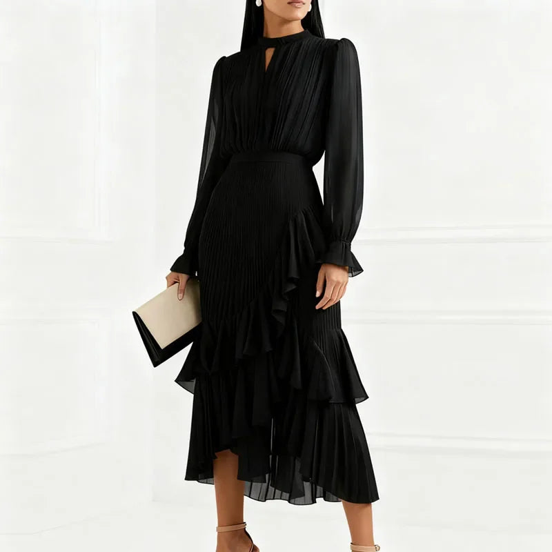 Lioren™ Dress with Sophisticated Pleats and Asymmetrical Ruffles