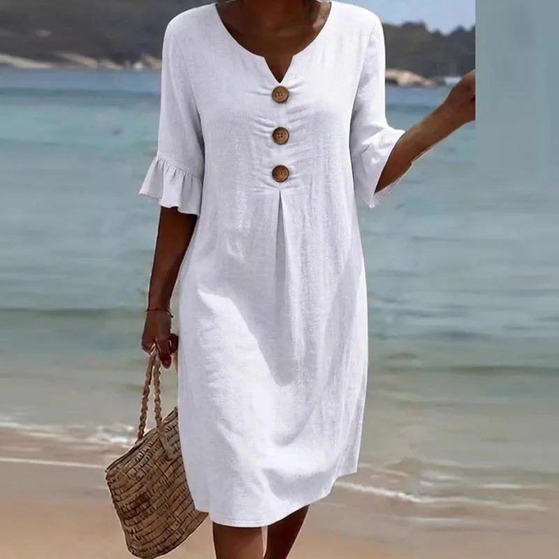 Liora™ Cotton-Linen Dress with Front Buttons and a Flowy Fit