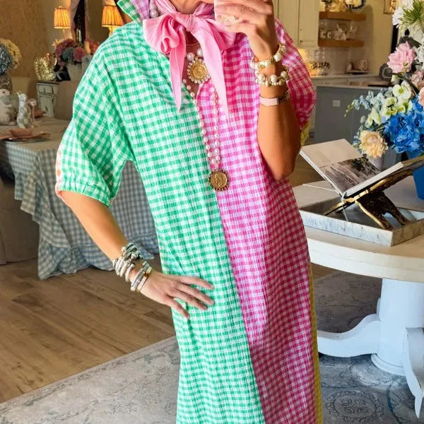 Colorie™ Dress With Shirt Collar And Color-Block Gingham Pattern