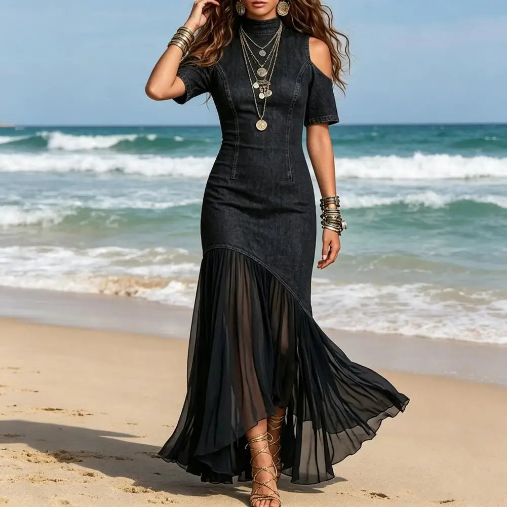 Montclair™ Denim Maxi Dress with Cold-Shoulder Sleeves and a Flowing Sheer Skirt