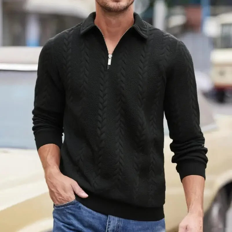 Carlisle™ Sweater in Premium Cable-Knit with Polo Collar and Metal Zipper