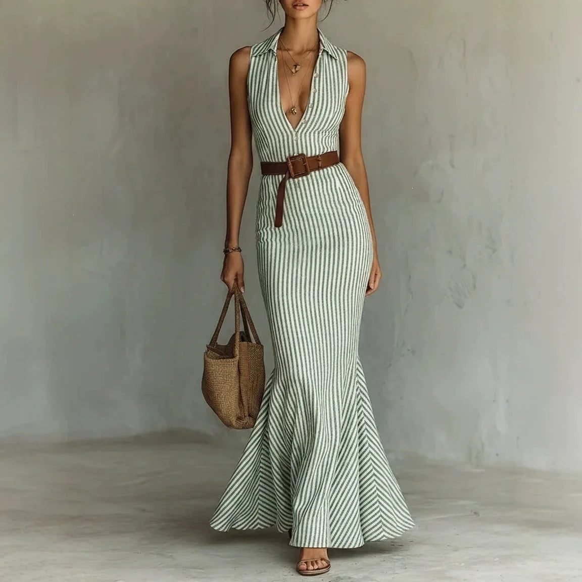 Seravina™ Striped Maxi Dress with a Complimentary Belt