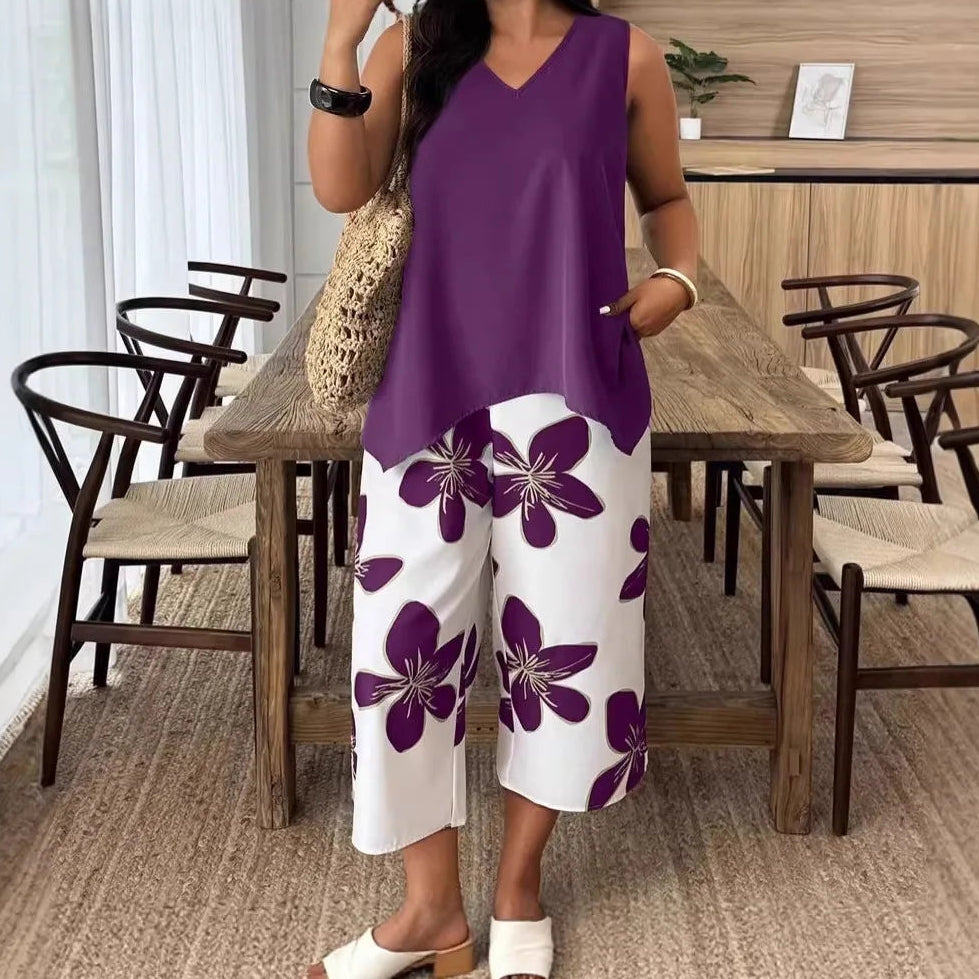 Nerina™ Asymmetric Sleeveless Top Set With Floral Cropped Wide-Leg Pants