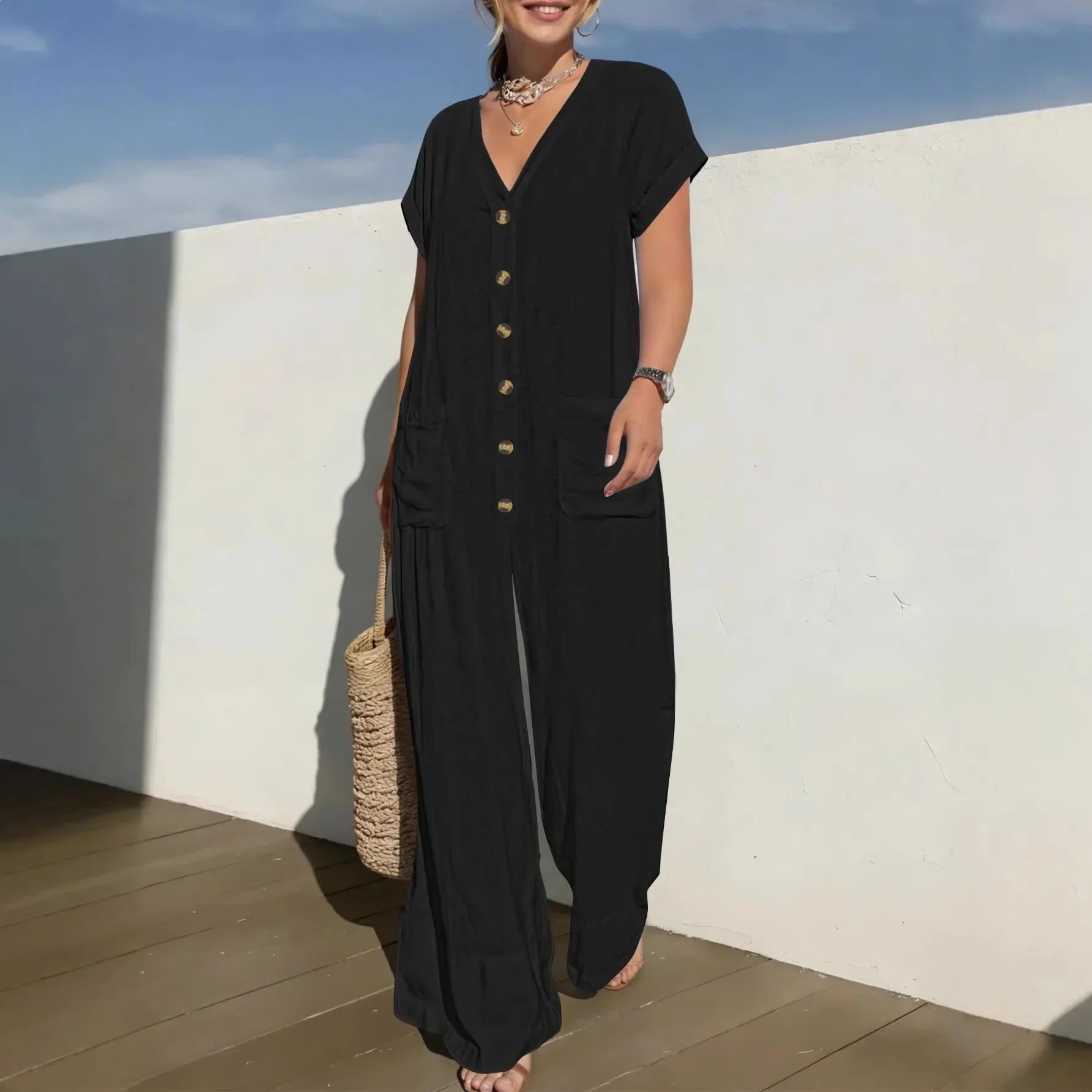 Cannes™ Jumpsuit with Front Buttons and V-Neckline