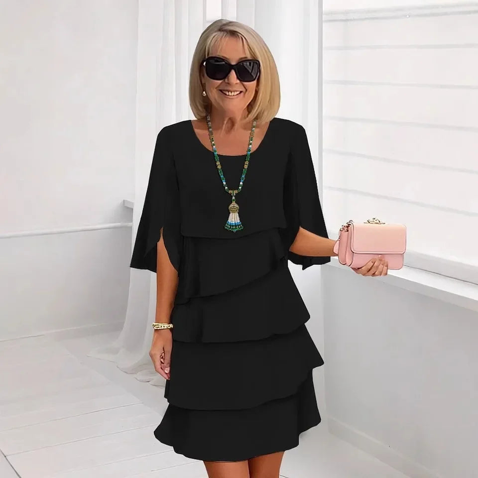 Lara™ Midi Dress with Tiered Ruffle Skirt and 3/4 Split Flare Sleeves